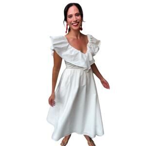 ADAM LIPPES White 100% Cotton Hourglass Cap Sleeves Eyelet Ruffle Dress Size 10